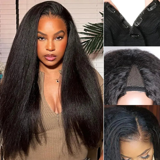 Synthetic 10-30inch Kinky Straight U Part Wig V Part Wig Yaki Straight Wigs for Women Daily Use
