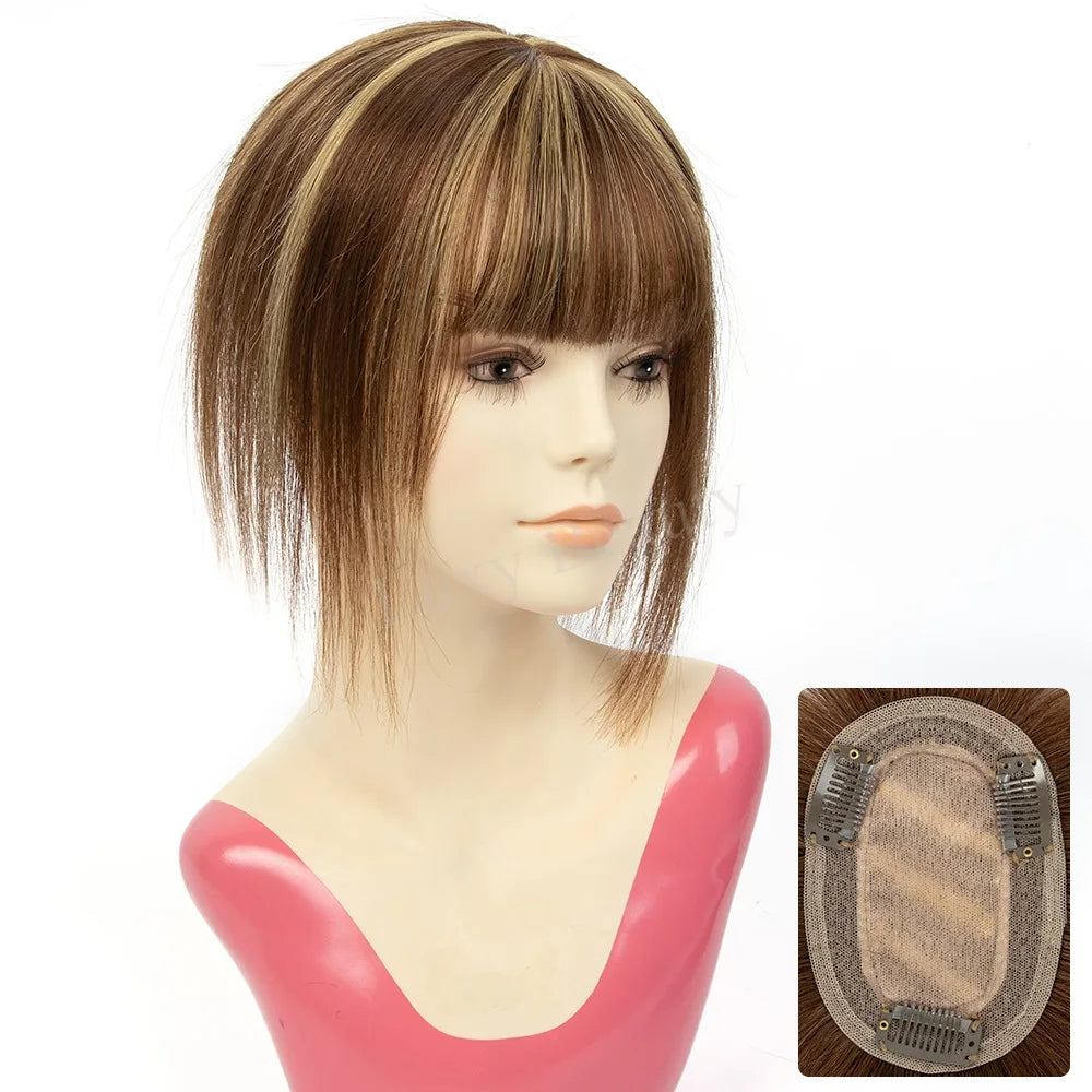 Natural Brown Human Hair Topper With Bangs Women 8X12cm Black Highlights Blonde Skin Scalp Clip in Topper Hair Pieces Human Hair