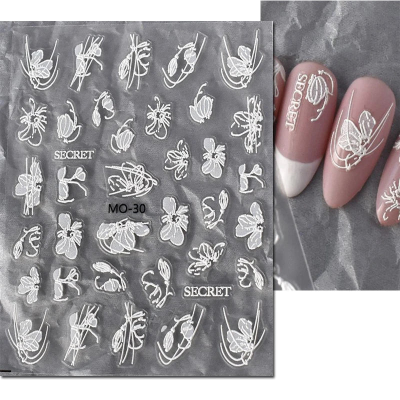 5d Embossed Nail Art Stickers Golden Lines Semi-Transparent Purple Blue Flowers Decals Decorations For Nail Tips Manicures