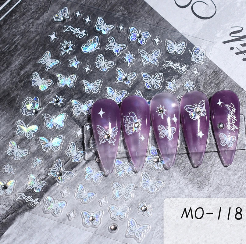 5d Embossed Nail Art Stickers Golden Lines Semi-Transparent Purple Blue Flowers Decals Decorations For Nail Tips Manicures