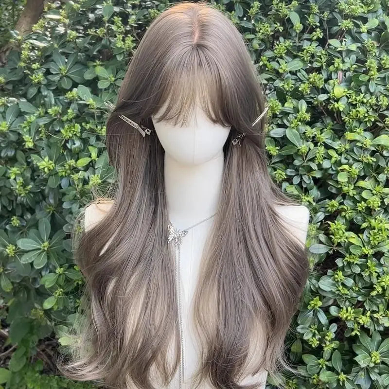 Synthetic wig mint gray brown long roll imitation human hair water ripple wig set