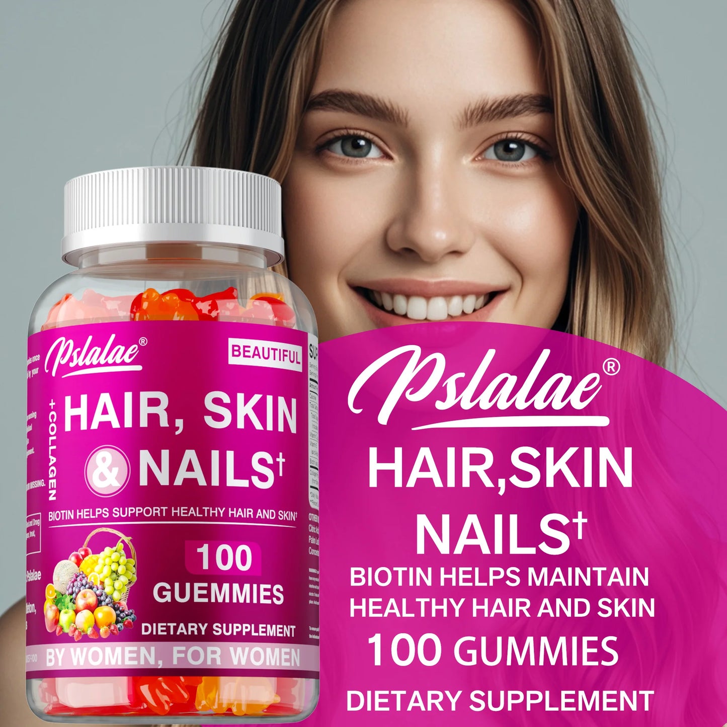 Hair Skin Nails Gummies - Increases Skin Elasticity, Skin Beauty, Promotes Hair Growth, Supports Healthy Hair, Skin, and Nails