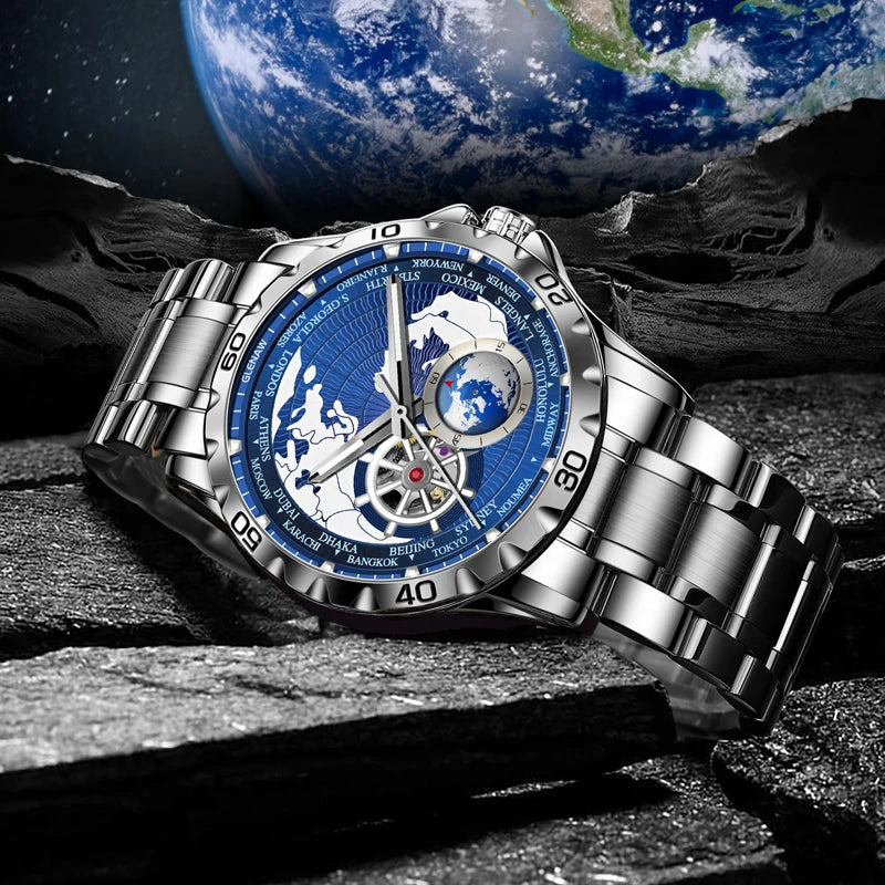 GLENAW 2025 New Earth Series Mechanical Watch Men Rotating Earth Dial Night Light Waterproof Top Luxury Design Mechanical Watch