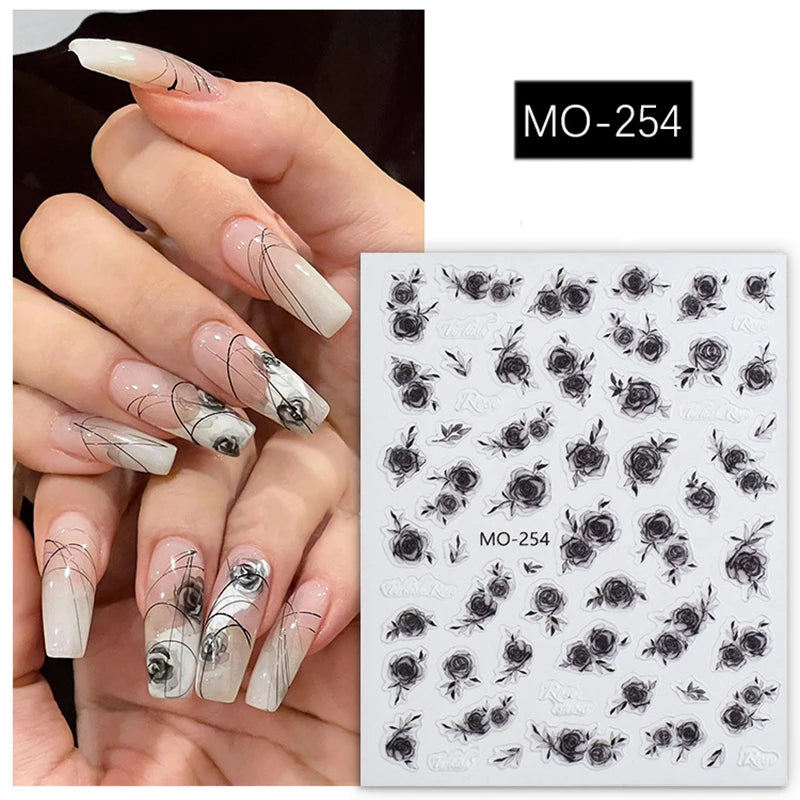 5d Embossed Nail Art Stickers Golden Lines Semi-Transparent Purple Blue Flowers Decals Decorations For Nail Tips Manicures