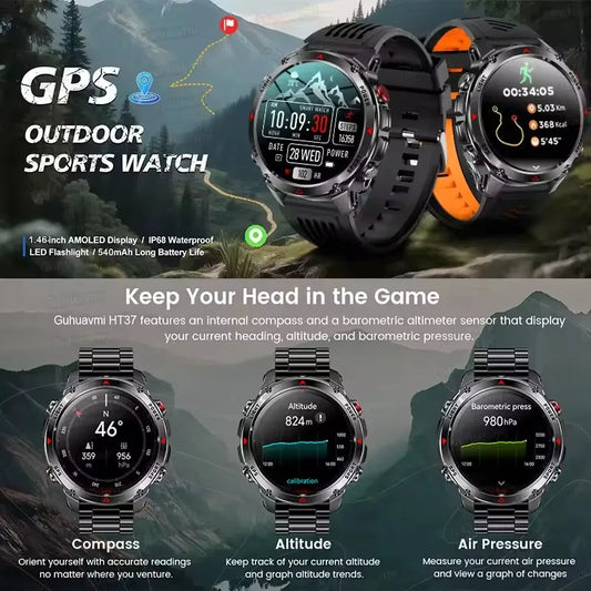 2025New Outdoor Military Smart Watch Bulit-in GPS Compass Altimeter Barometric 3ATM Waterproof AMOLED Bluetooth Call Smart Watch