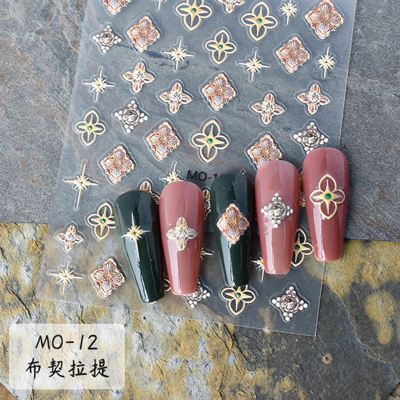 5d Embossed Nail Art Stickers Golden Lines Semi-Transparent Purple Blue Flowers Decals Decorations For Nail Tips Manicures