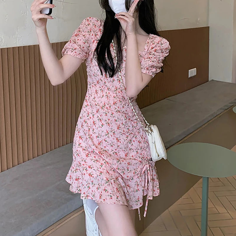 Sweet Women Floral Print Flower Dress Fashion Draw String Square Neck Puff Sleeve High Waist Mini Dress Summer Elegant Female