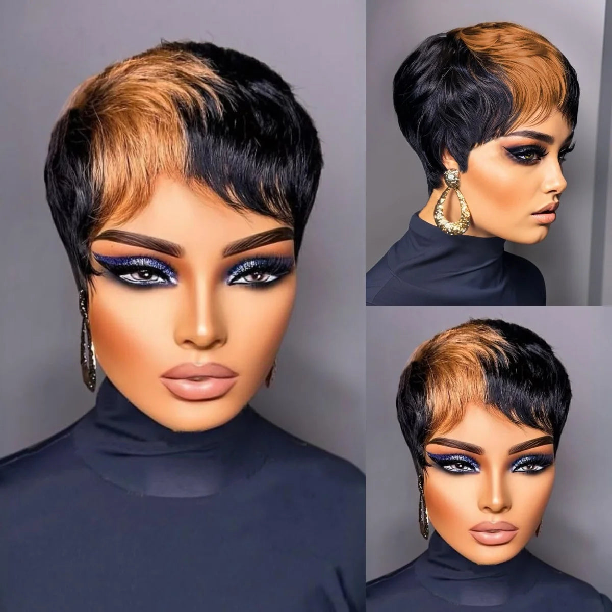 WIGERA Highlight Synthetic Wigs Short Straight Pixie Cut Hair Bob Wig Honey Gold Mix Black Hair For Woman