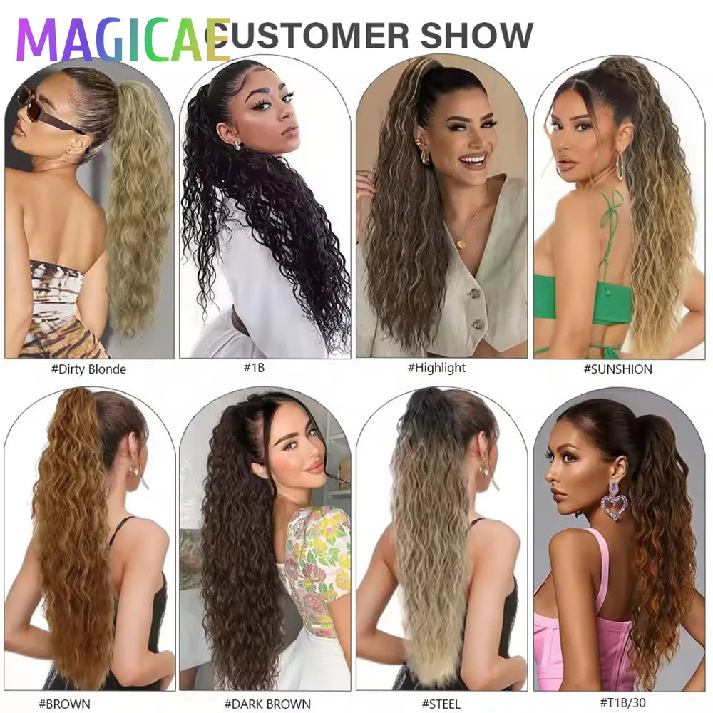 28Inches Blond 27/30 Ponytail Extension 180grams Synthetic Heat Resistant Fiber Ombre 613 Brown Body Wave Clip in Ponytail Hair