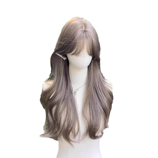 Synthetic wig mint gray brown long roll imitation human hair water ripple wig set