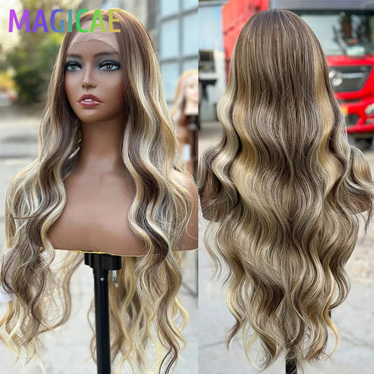 30Inch 13X4 Lace Frontal Synthetic Body Wave Wigs Ombre Ginger Orange Brown Heat Resistant Fiber Blond Transparent Lace Frontal