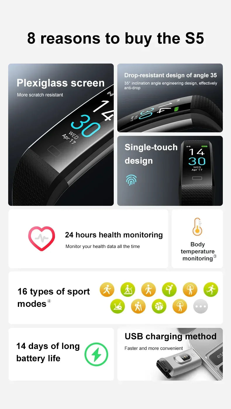 XIAOMI Men's Sports Wristbands Women Bracelet Temperature Measurement Blood Pressure Heart Rate Pedometer Smart Bracelet Watch