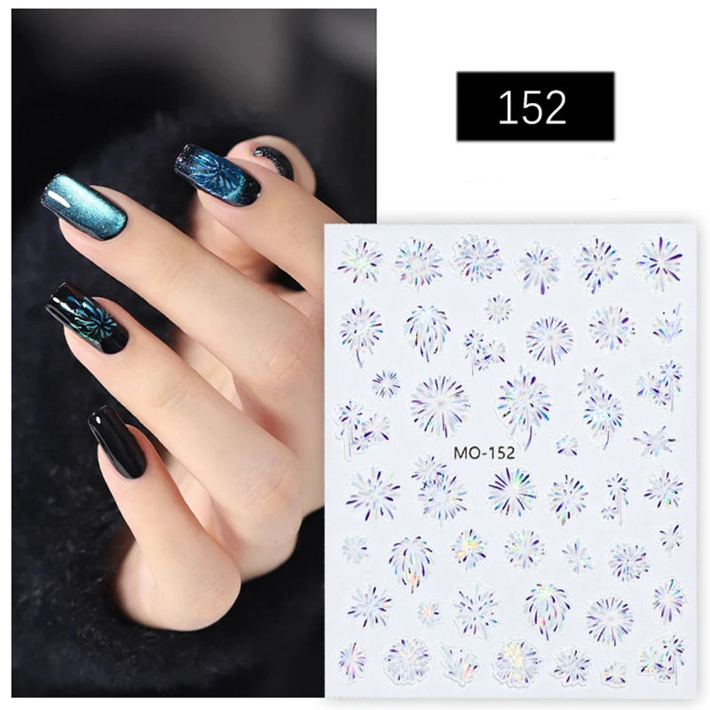 5d Embossed Nail Art Stickers Golden Lines Semi-Transparent Purple Blue Flowers Decals Decorations For Nail Tips Manicures