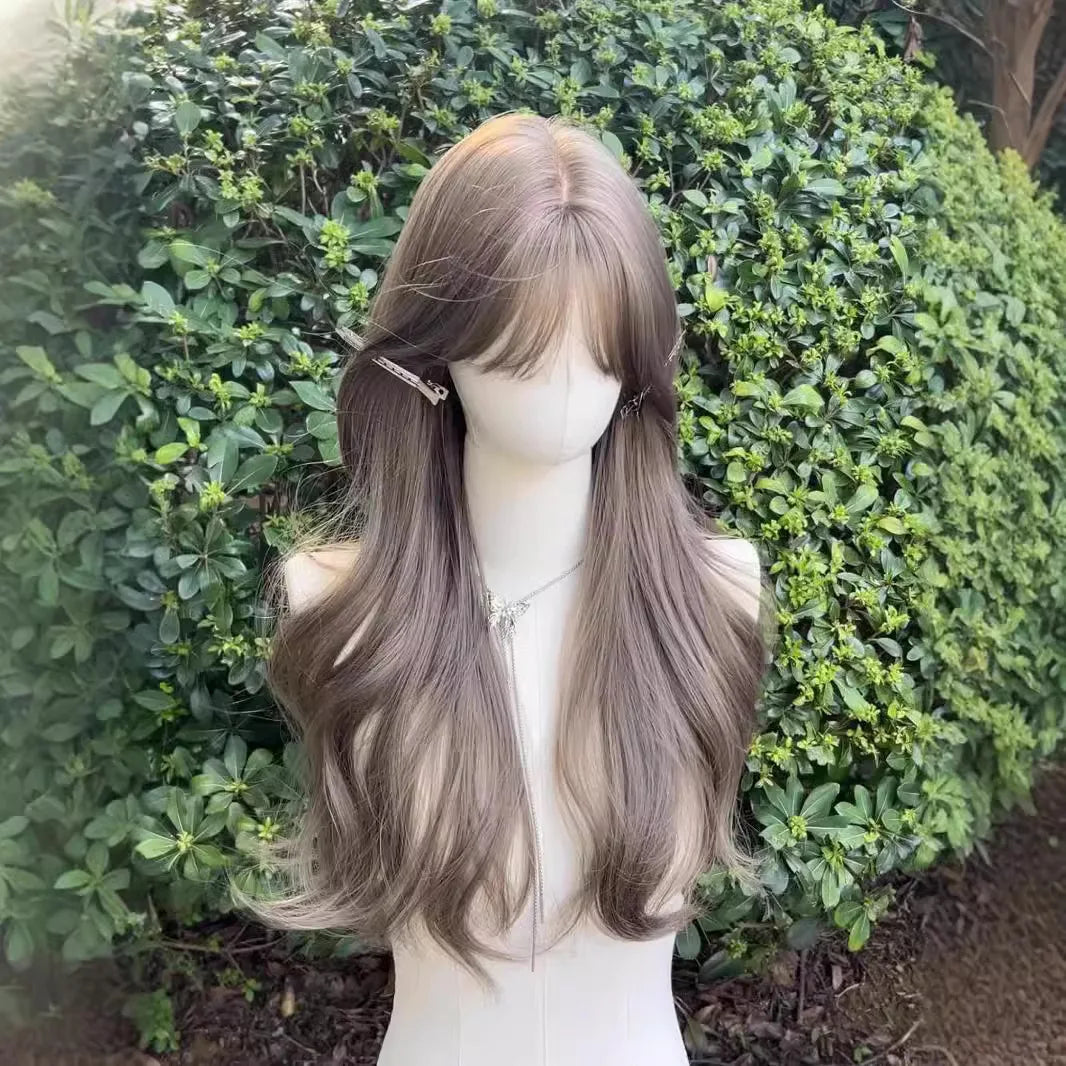 Synthetic wig mint gray brown long roll imitation human hair water ripple wig set