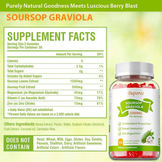 Soursop Graviola Gummies 2000Mg - Contains Vitamin C + Zinc To Aid Digestion, Cell Regeneration, Immune Support and Antioxidant