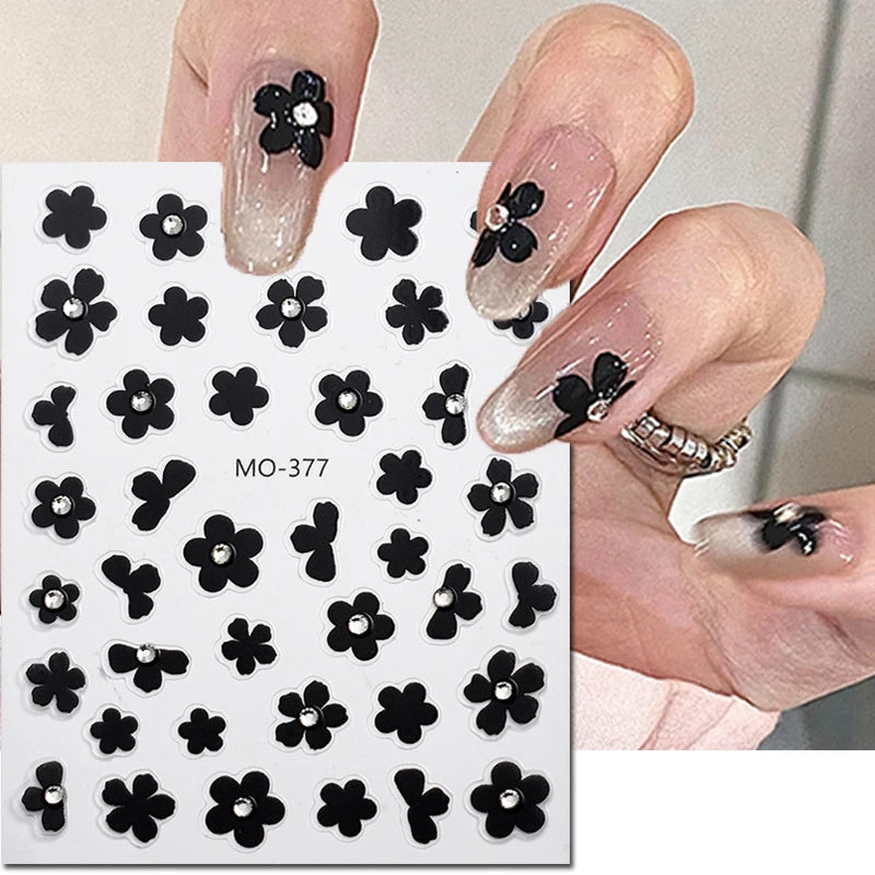 5d Embossed Nail Art Stickers Golden Lines Semi-Transparent Purple Blue Flowers Decals Decorations For Nail Tips Manicures