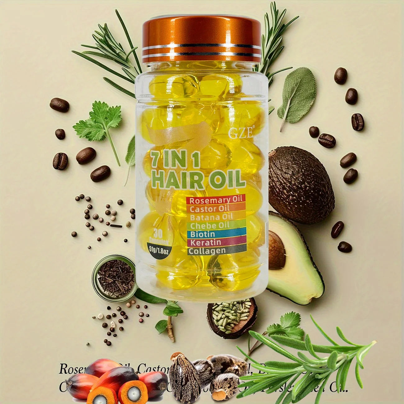 GZE 7-IN-1 Hair Oil Enriched With Rosemary Oil Castor Oil Batana Oil Chebe Oil Biotin Keratin Collagen Hydrating Smoothing