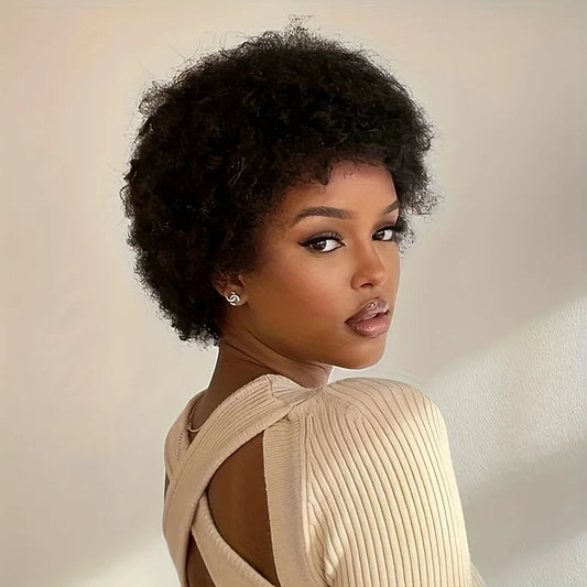 Afro Kinky Curly Wig - Human Hair, Fluffy - Natural Looking, Effortlessly Stylish for Women Machine Made