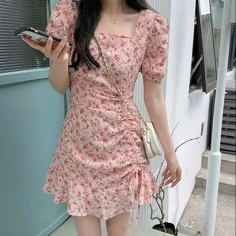 Sweet Women Floral Print Flower Dress Fashion Draw String Square Neck Puff Sleeve High Waist Mini Dress Summer Elegant Female