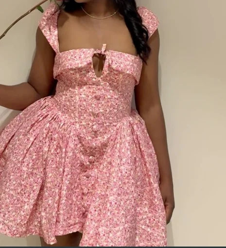 French Midi Dresses U-Neck Flower Print High Waisted A-Line Irregular Short Dresses Women's Summer Elegant Sexy Slim Fit Dress