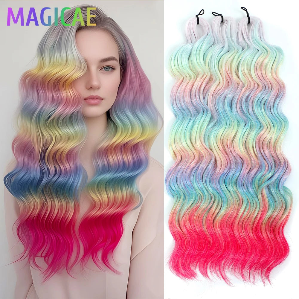 Anna 3Pcs 24Inches 300grams Ombre Rainbow Water Wave Crochet Braiding Sliver White Synthetic Hair Extension Body Wavy Braids