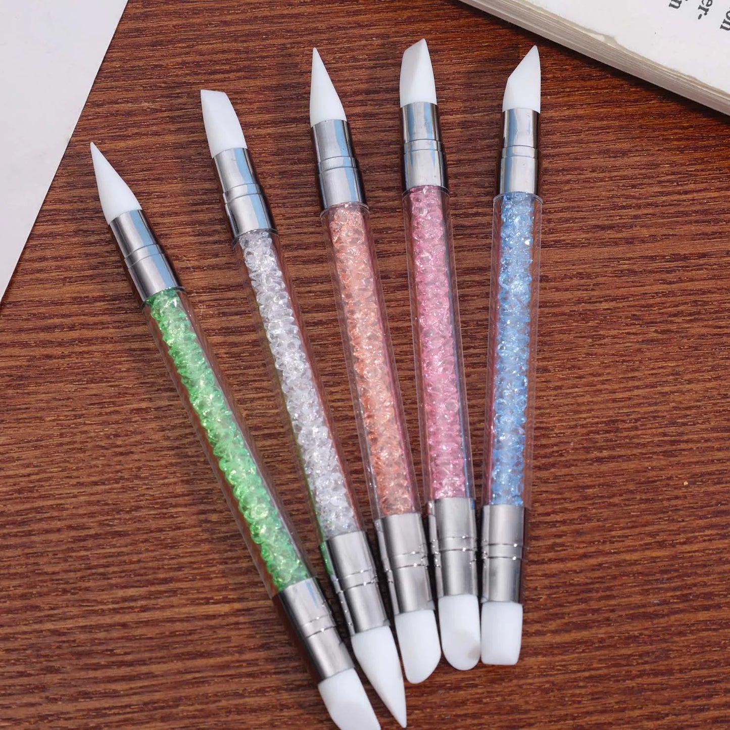 5Pcs White Sculpture Dotting Pen Nail Art Brush Tool Colorful Crystal Dual-head Carving Flower Painting Pen DIY Manicure Tools