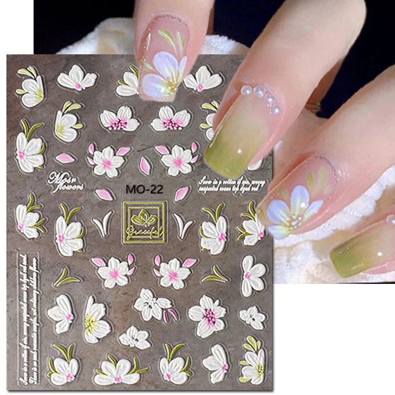 5d Embossed Nail Art Stickers Golden Lines Semi-Transparent Purple Blue Flowers Decals Decorations For Nail Tips Manicures