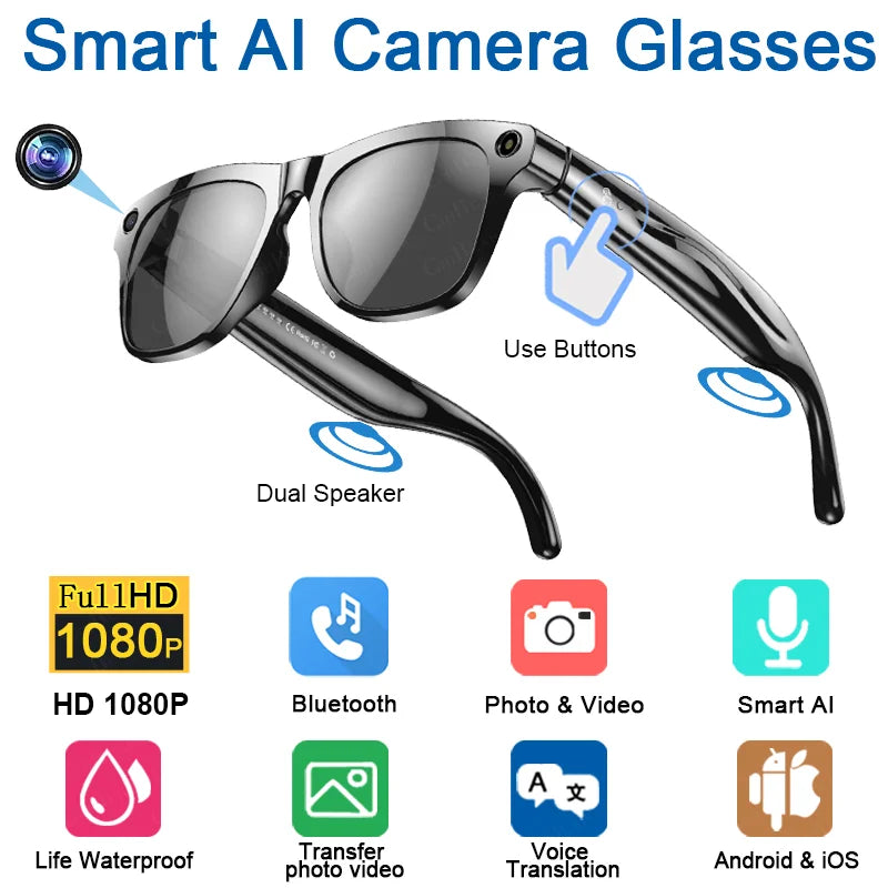 1080 AI Smart Glasses GPT 100mp Multifunctional HD Camera Chat Bluetooth Call Voice Music Assistant AI Translation Smart Glasses