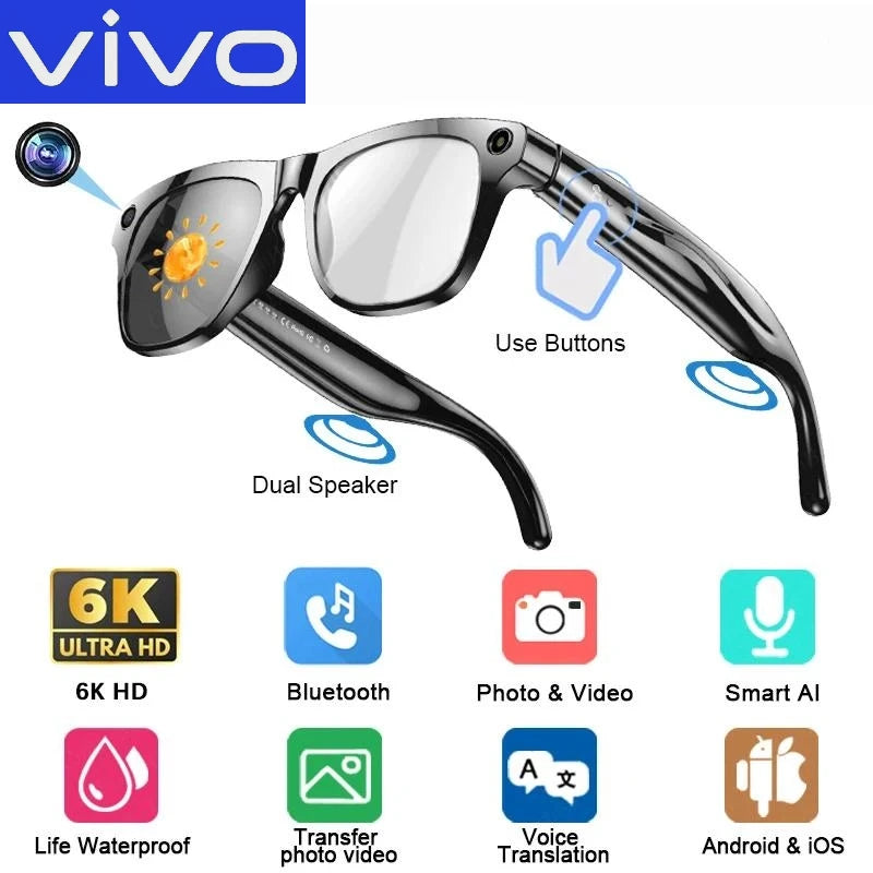 VIVO 6K HD AI Smart Glasses Photochromic Multifunction Bluetooth Calling Voice Assistant Music Player Translate Camera 2026 HOT