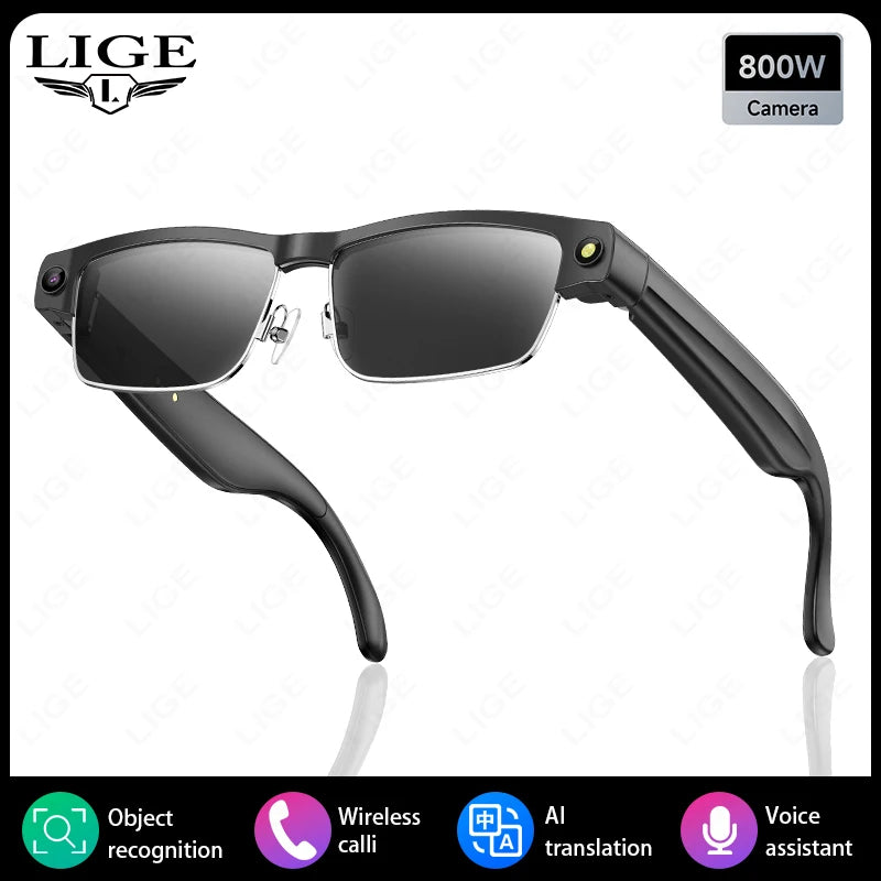 LIGE AI Smart Glasses Chat Voice Assistant Control 270mAh Battery 800W HD Camera 1200P Video Shoot Bluetooth Call Sunglasses New