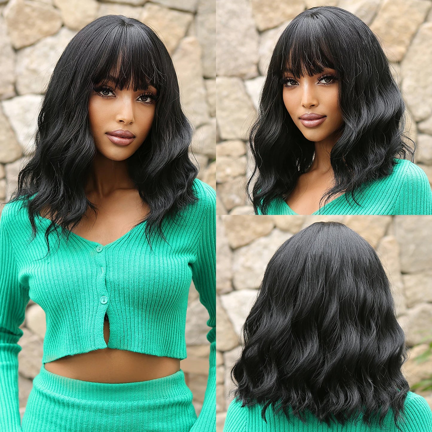 Short Curly Bob Cut Synthetic Wigs with Bangs Light Ginger Orange Water Wave Wig for Black White Women Halloween Heat Resistant