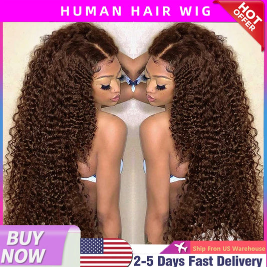 Chocolate Brown Deep Wave Human Hair Wig 30 Inch Transparent Lace Frontal Wigs For Women 13x6 Lace Front Water Curly Wave Wig