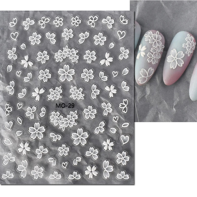 5d Embossed Nail Art Stickers Golden Lines Semi-Transparent Purple Blue Flowers Decals Decorations For Nail Tips Manicures