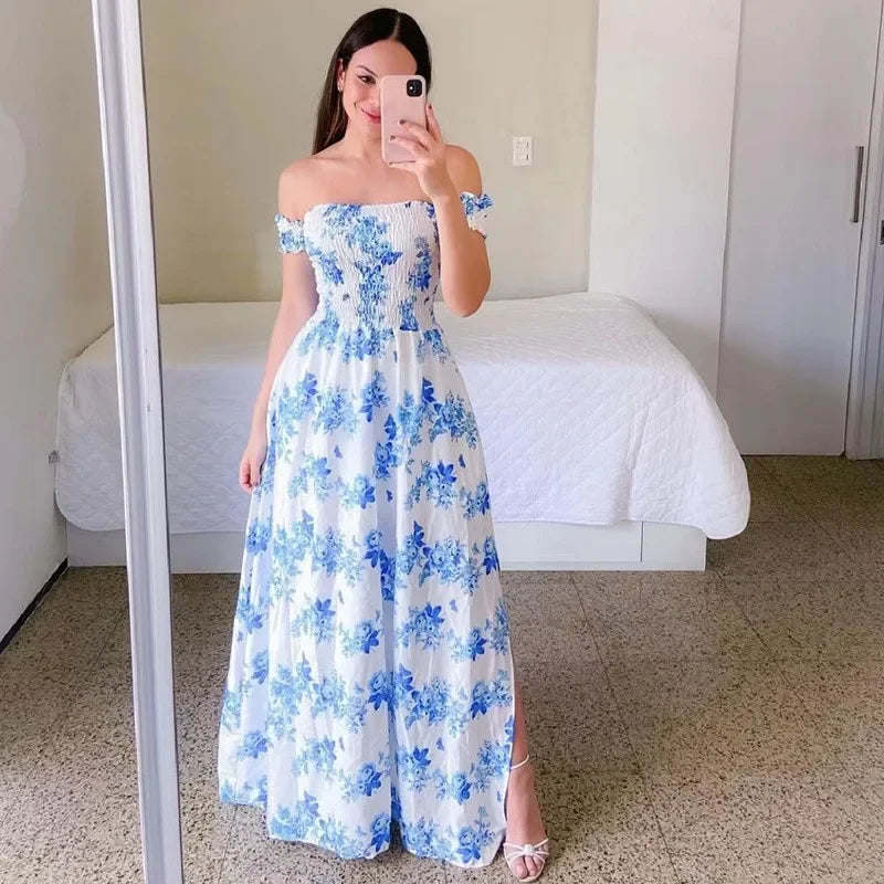 Elegant Off Shoulder Dress Summer Fashion Dresses High Waist Flower Print Short Sleeve Vestidos Robe Clothing