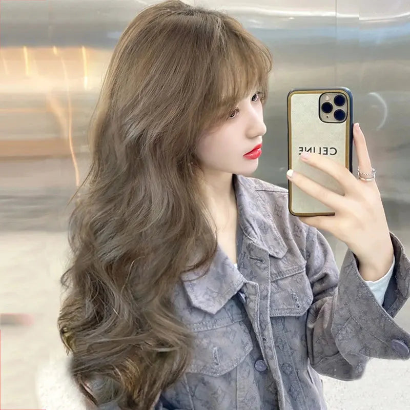 Synthetic wig mint gray brown long roll imitation human hair water ripple wig set