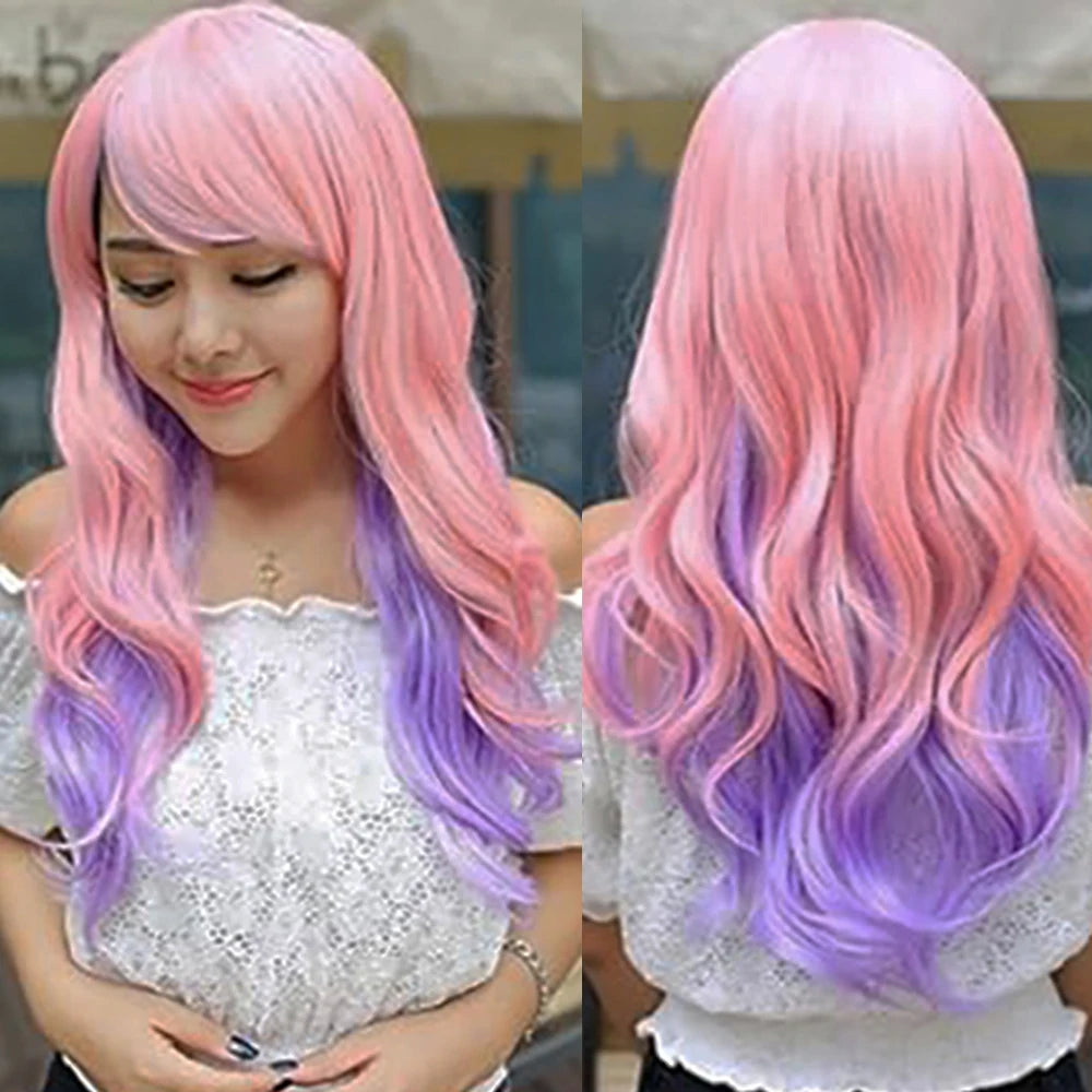Soowee Synthetic Hair Ombre Rainbow Cosplay Wig with Bangs Red Yellow Purple Green Blue Wigs for Black Women