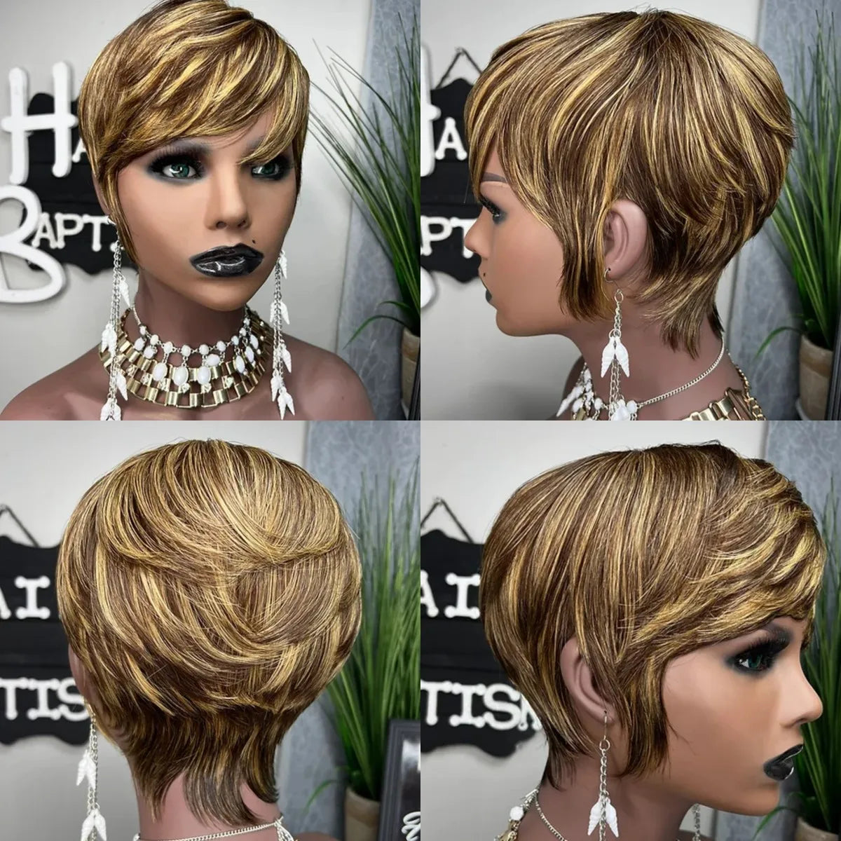 WIGERA Highlight Synthetic Wigs Short Straight Pixie Cut Hair Bob Wig Honey Gold Mix Black Hair For Woman