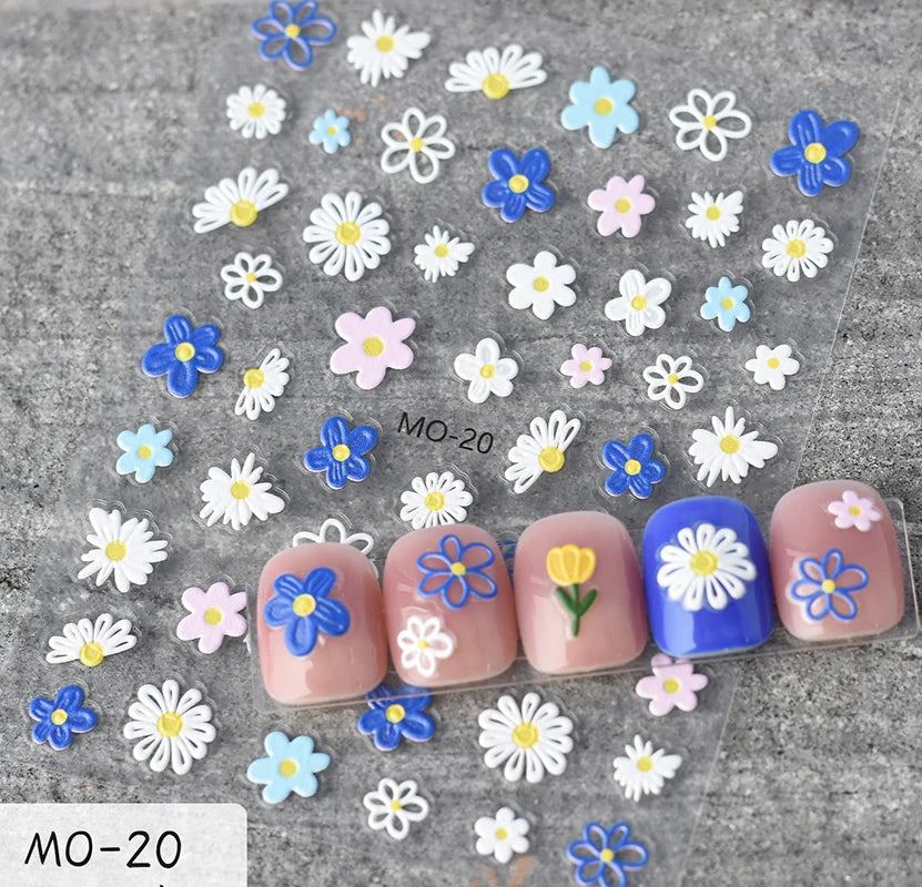 5d Embossed Nail Art Stickers Golden Lines Semi-Transparent Purple Blue Flowers Decals Decorations For Nail Tips Manicures