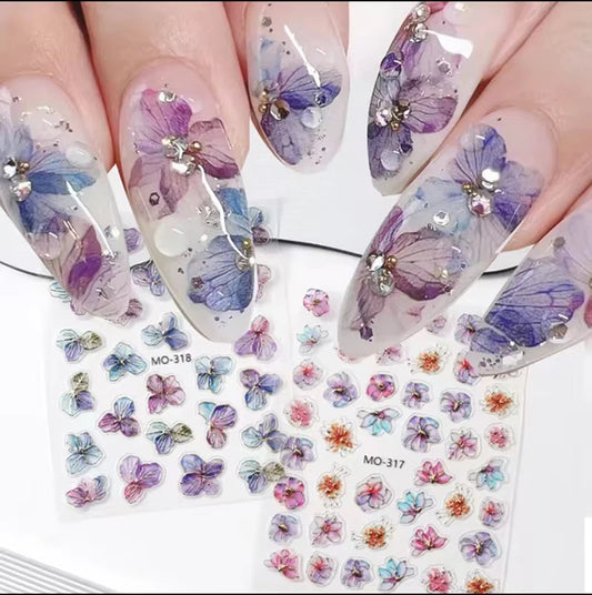 5d Embossed Nail Art Stickers Golden Lines Semi-Transparent Purple Blue Flowers Decals Decorations For Nail Tips Manicures