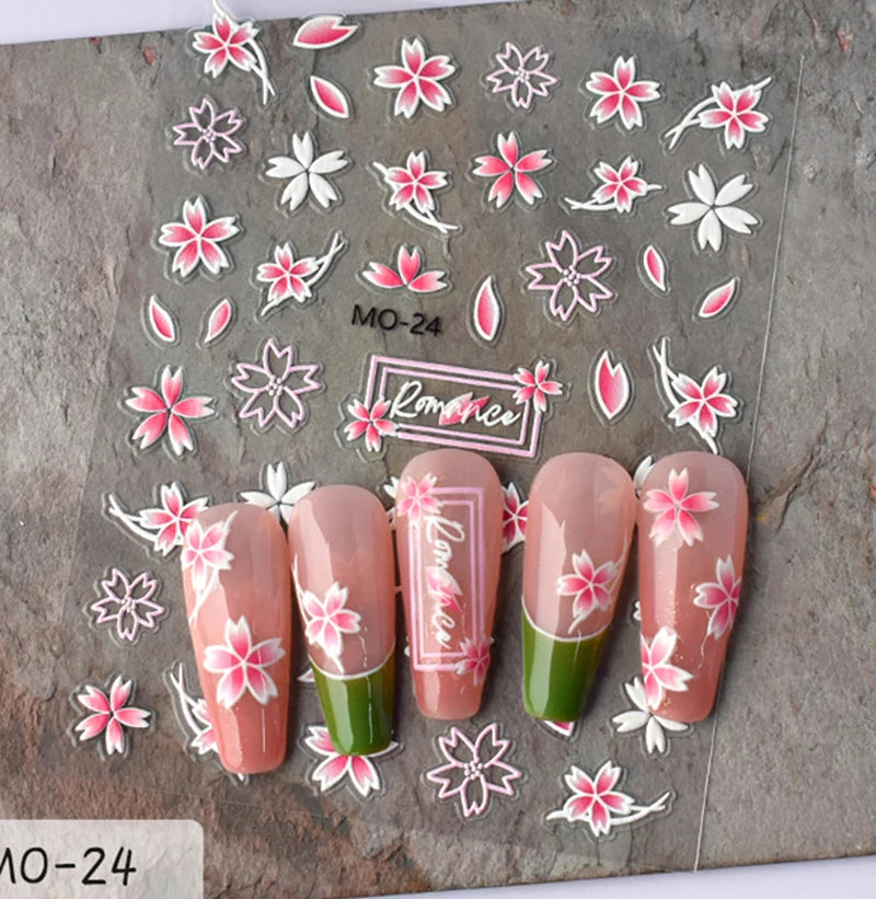 5d Embossed Nail Art Stickers Golden Lines Semi-Transparent Purple Blue Flowers Decals Decorations For Nail Tips Manicures
