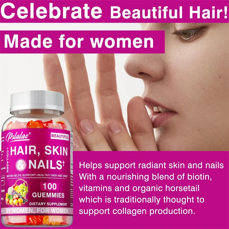 Hair Skin Nails Gummies - Increases Skin Elasticity, Skin Beauty, Promotes Hair Growth, Supports Healthy Hair, Skin, and Nails