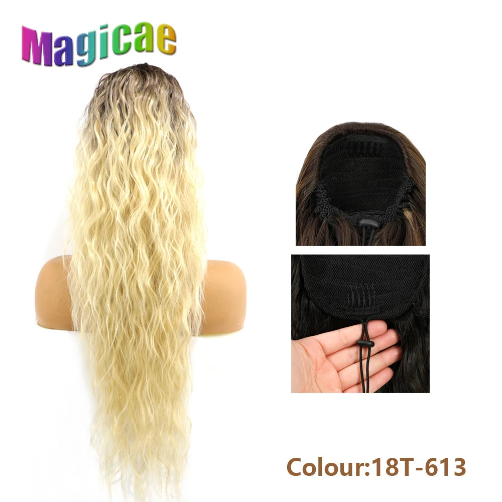 Magicae Long Synthetic Water wave Ponytail Heat resistant Hairpiece Drawstring Hair Clip Ombre Brown Blonde Hair Extensions Pony