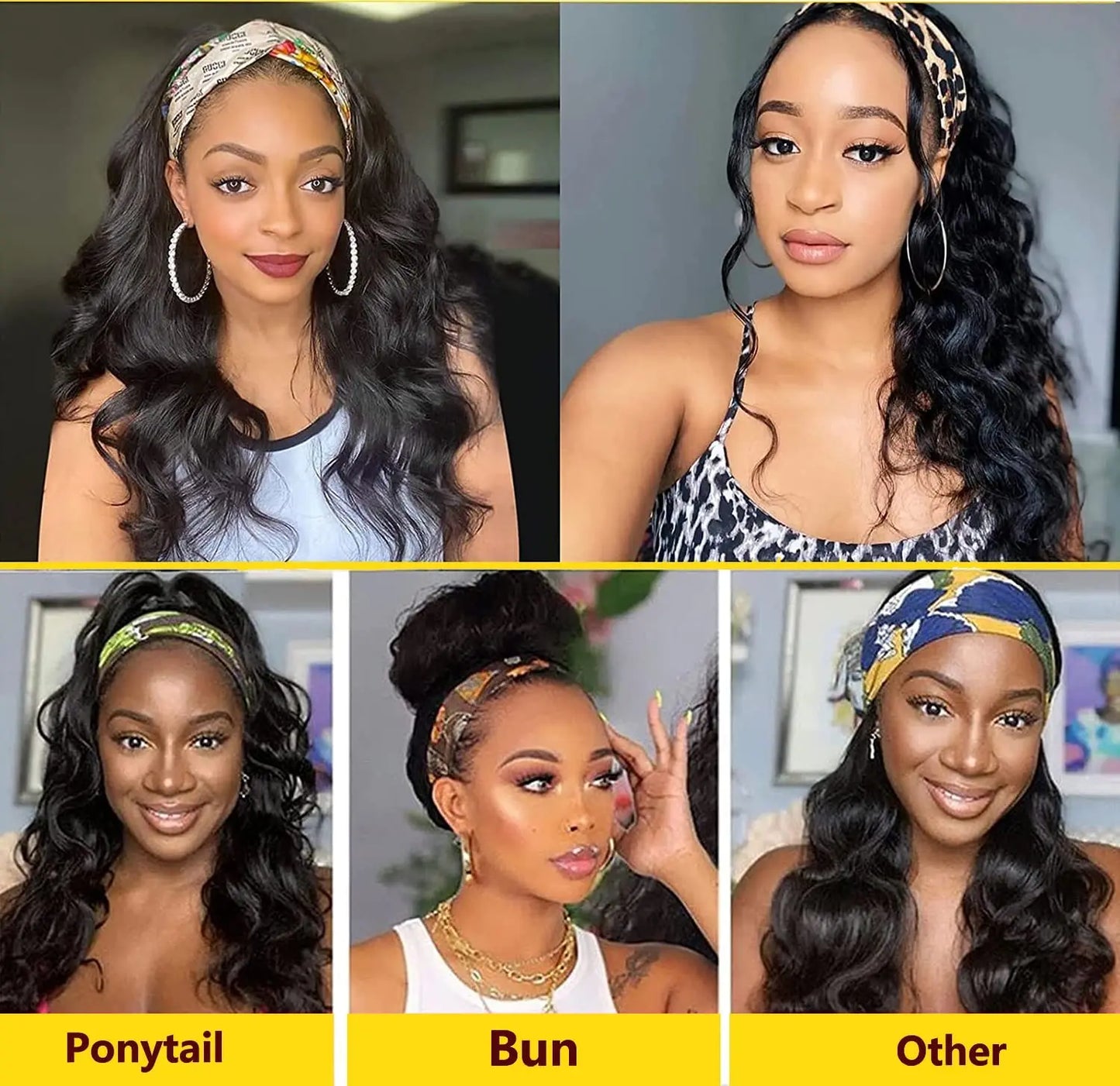 Synthetic Body Wave Headband Wig for Black Women Long Heat Resistant Curly Wavy Head Band Wigs for Daily Use (1B)
