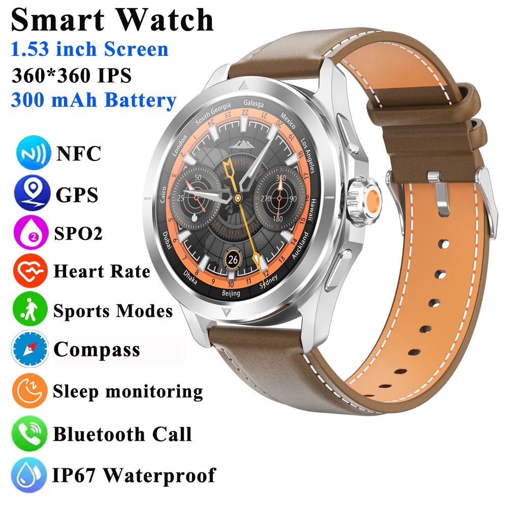 1.53" Outdoor Sports Smart Watch Men NFC GP Compass Heart Rate Blood Oxygen Waterproof Bluetooth Call Smartwatch for IOS Android