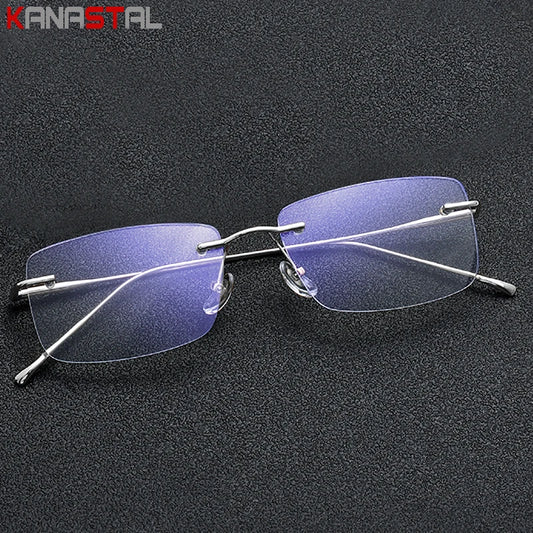 Men Rimless Prescription Glasses Reading Myopia Optical Lenses Eyewear Women Blue Light Blocking Titanium Metal Eyeglasses Frame
