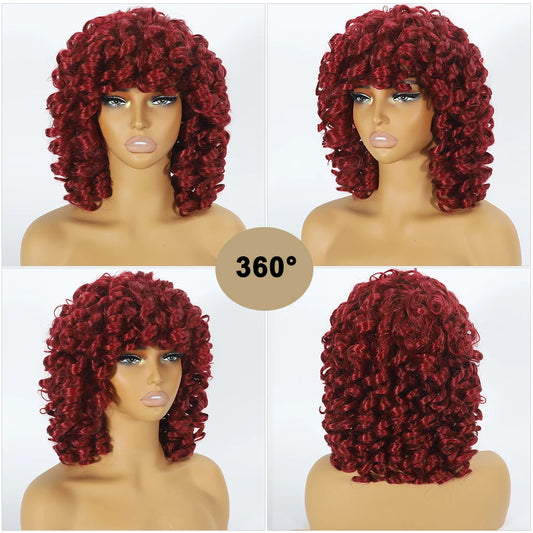 Short Loose Red Curly Wig for Black Women Curly Afro Wig with Bangs Synthetic Fiber Natural Looking Glueless Hair for Daily Wear