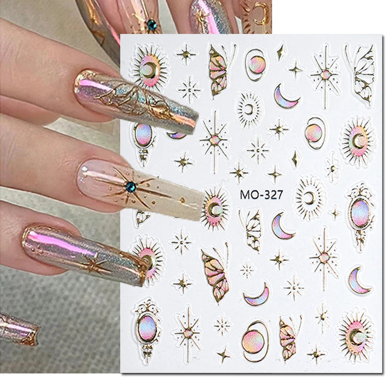 5d Embossed Nail Art Stickers Golden Lines Semi-Transparent Purple Blue Flowers Decals Decorations For Nail Tips Manicures