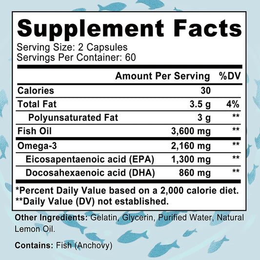 Omega-3 Fish Oil - Rich in DHA & EPA - Support Brain & Nervous System Health, Cardiovascular & Skin Health