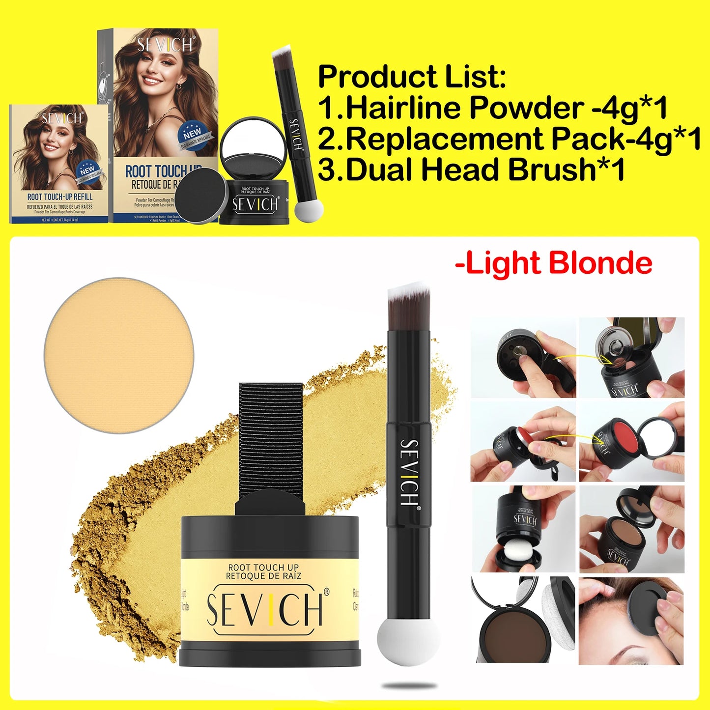 SEVICH Replaceable Hairline Powder Kit Refill Hairline Shadow Powder Root Cover Up Hair Concealer Double Ended Makeup Brush