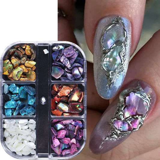 6 Grids Abalone Shell Flakes Nail Art Decoration 3D Charms Irregular Seashell Fragment Aurora Slices DIY Manicure Accessories